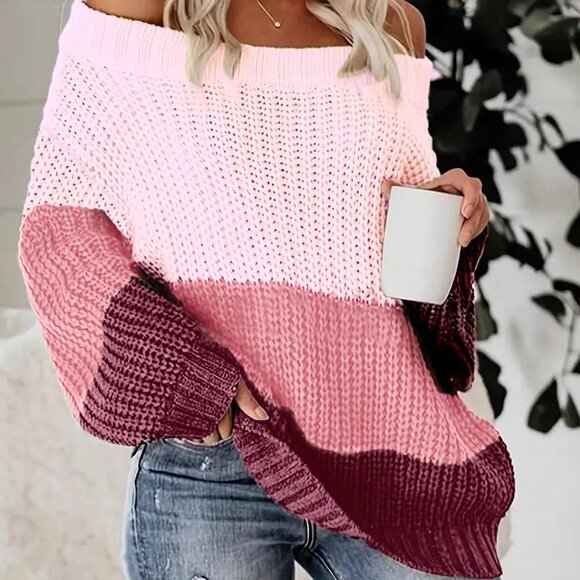 Multicolor Oversized Sexy Women's Off The Shoulder Sweater - Picture 3 of 7